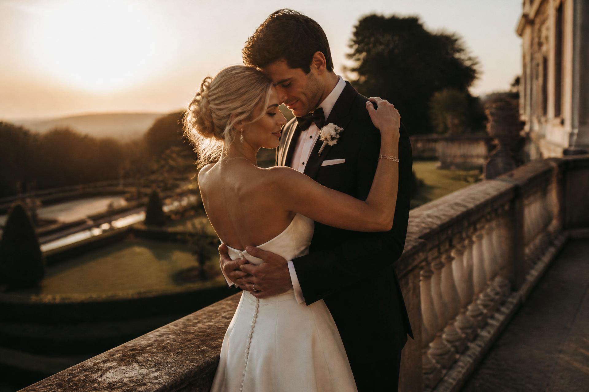 Bride and groom embracing at golden hour, photographed by R Photography & Videography in Toronto