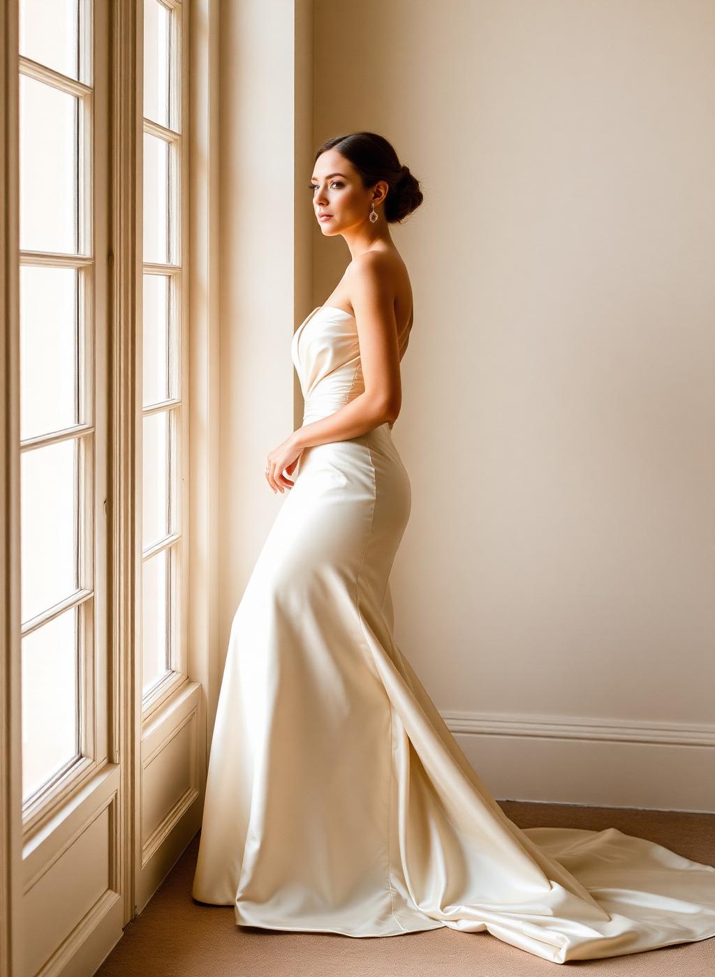 Bride in a silk gown beside a tall window, photographed in soft natural light