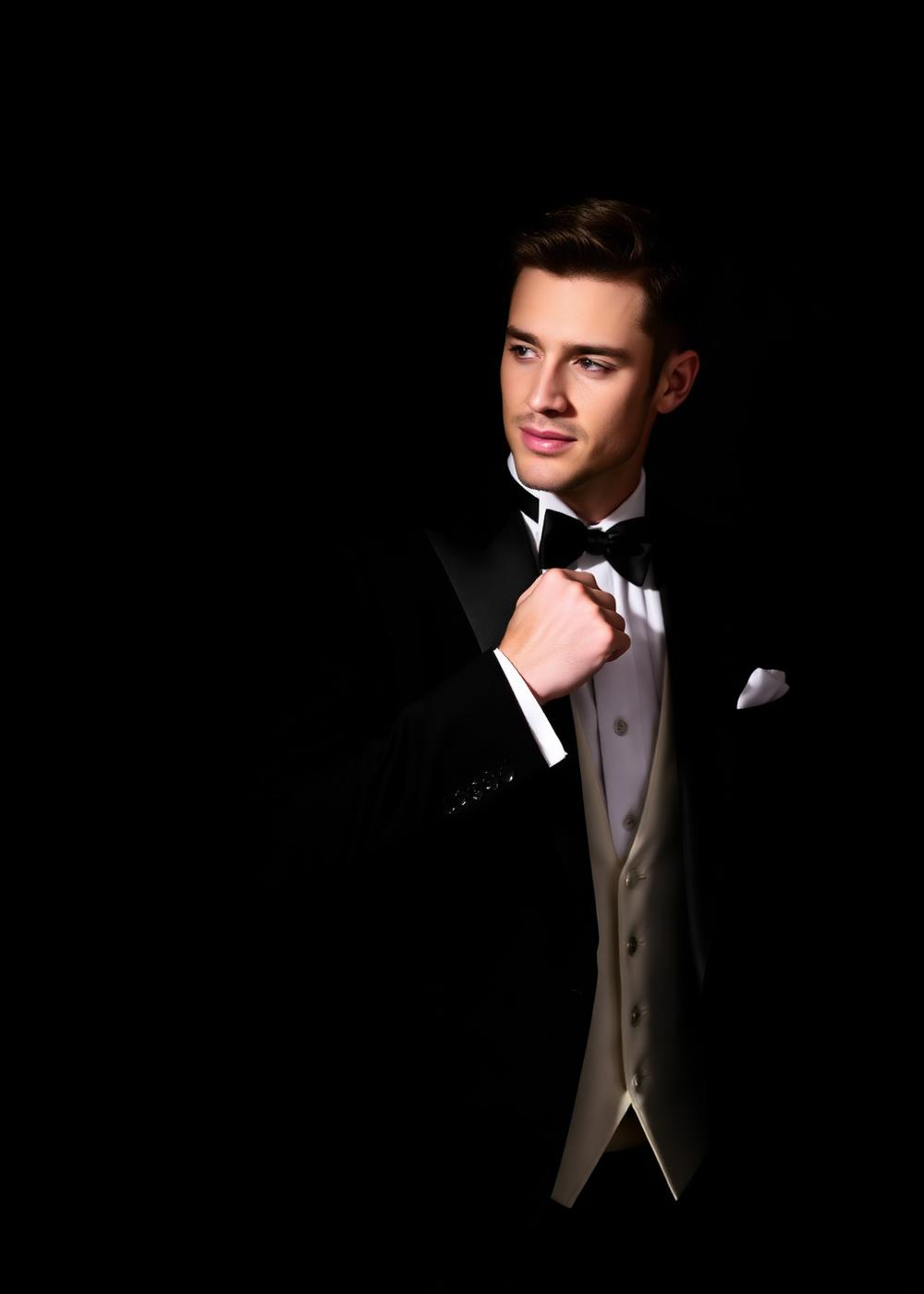 Groom portrait in a black tuxedo lit against a dark backdrop