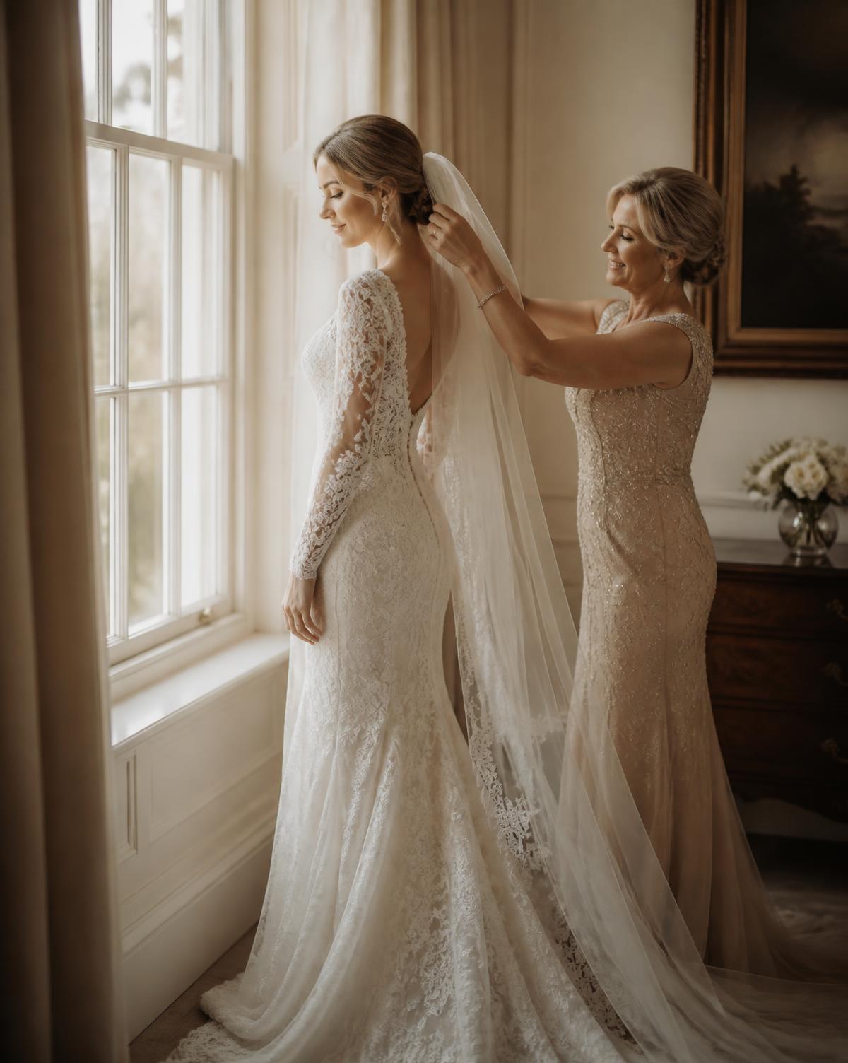Mother adjusting the bride's veil in soft window light before the ceremony